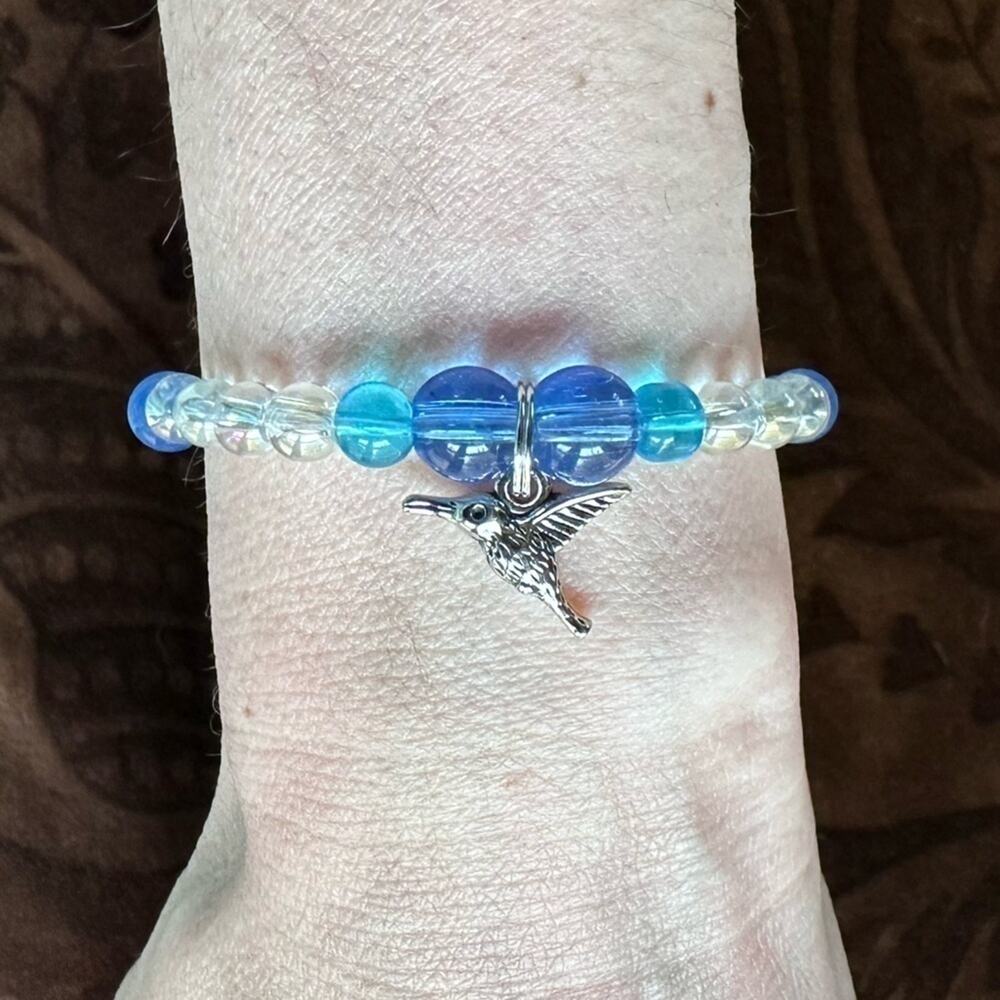 Hummingbird stretch bracelet Handmade Blue glass beads
